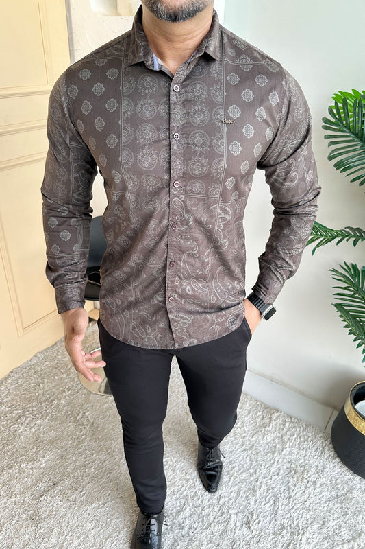 Turbo Splash Printed Long Sleeve Cotton Casual Shirt In Charcoal Grey