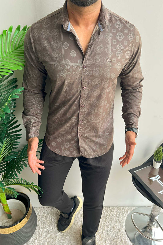 Turbo Splash Printed Long Sleeve Cotton Casual Shirt In Charcoal Grey