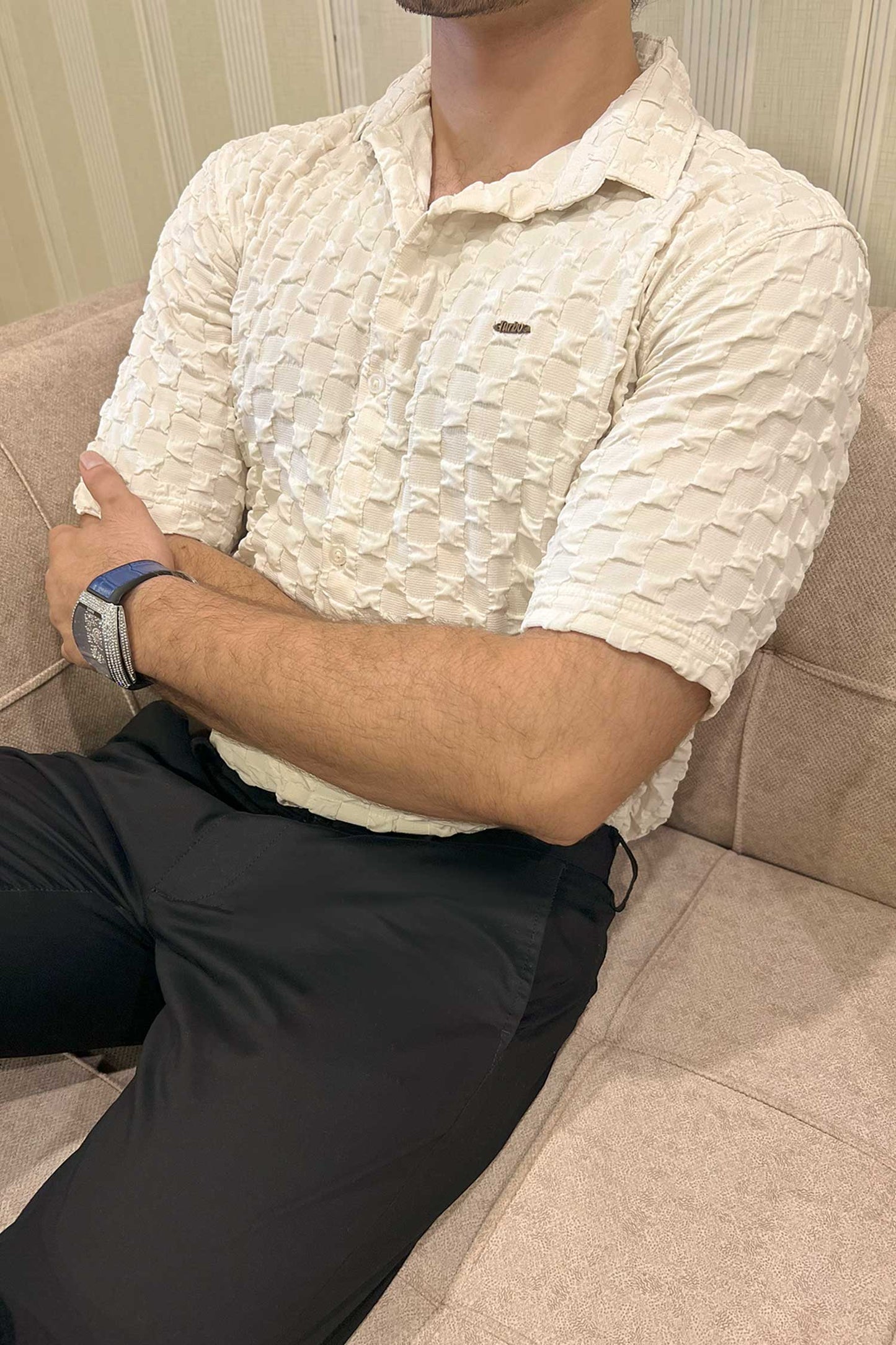 Turbo Puff Structured Pattern Casual Shirt In Creem