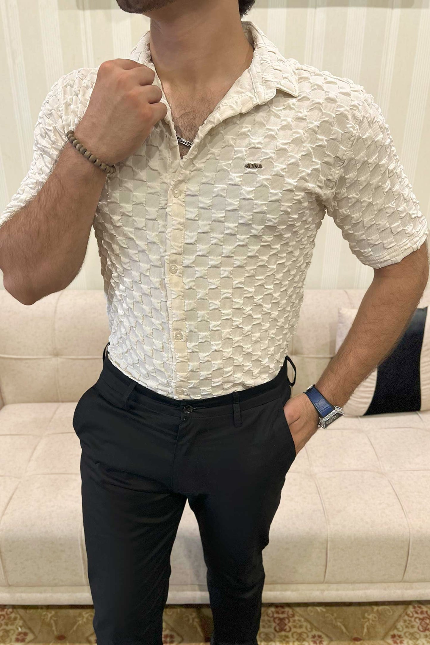 Turbo Puff Structured Pattern Casual Shirt In Creem