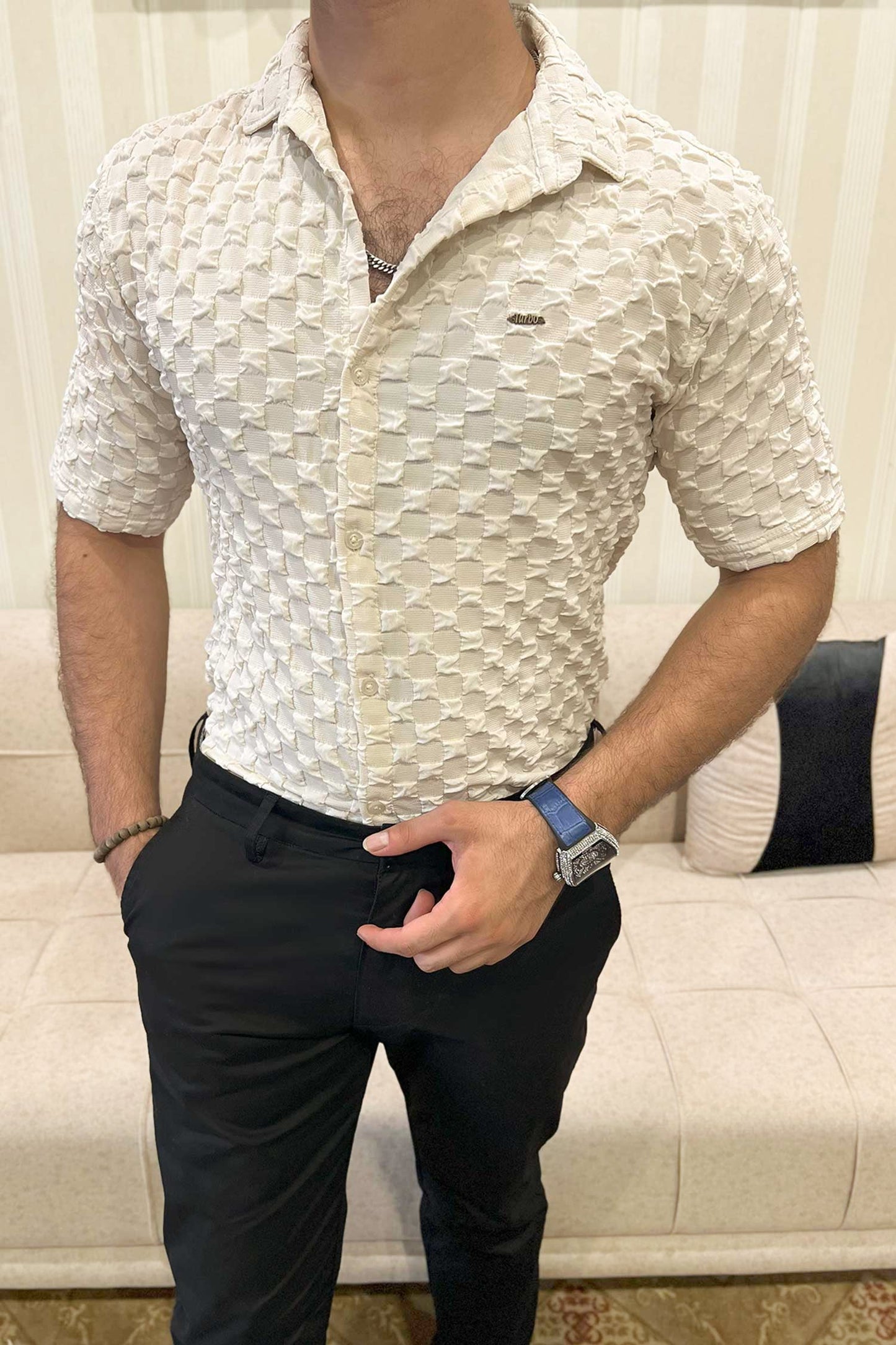 Turbo Puff Structured Pattern Casual Shirt In Creem