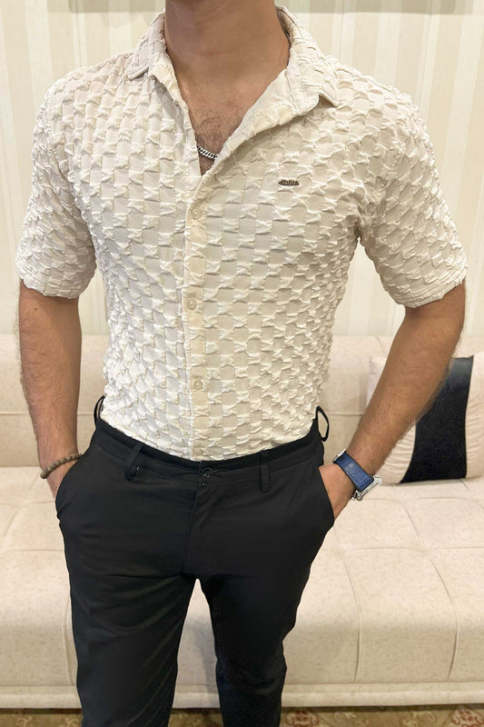 Turbo Puff Structured Pattern Casual Shirt In Creem