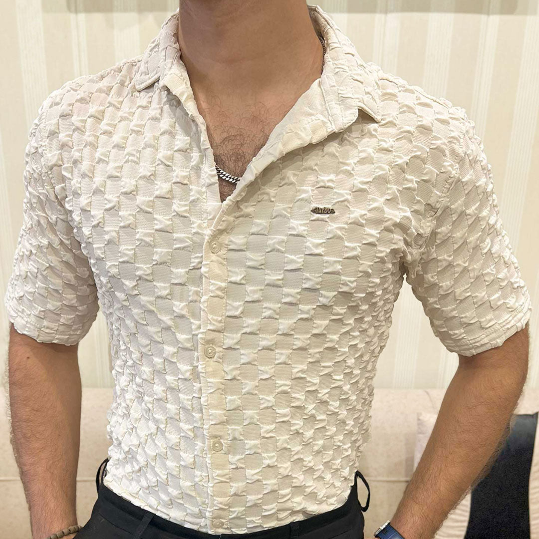 Turbo Puff Structured Pattern Casual Shirt In Creem