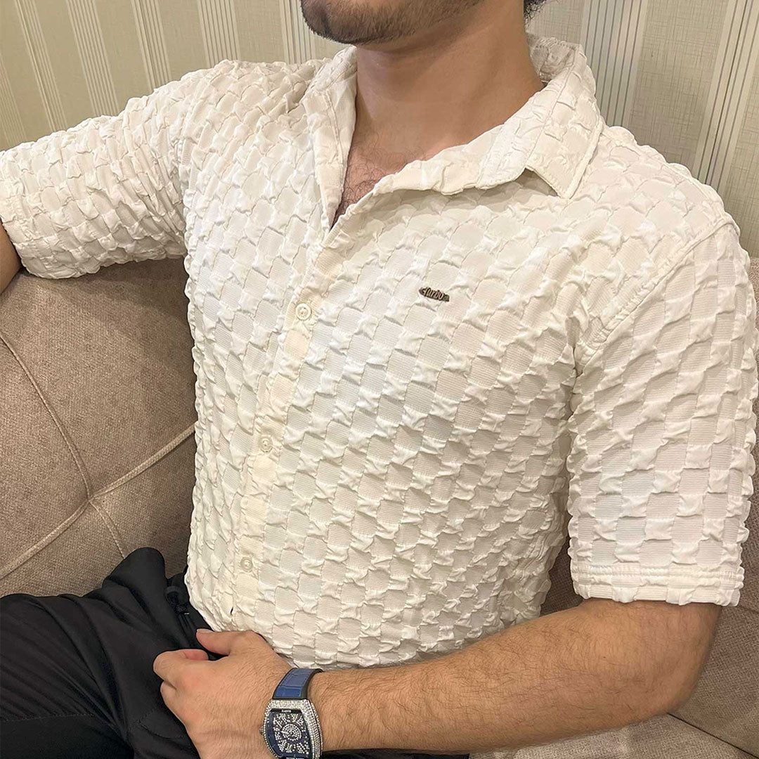 Turbo Puff Structured Pattern Casual Shirt In Creem