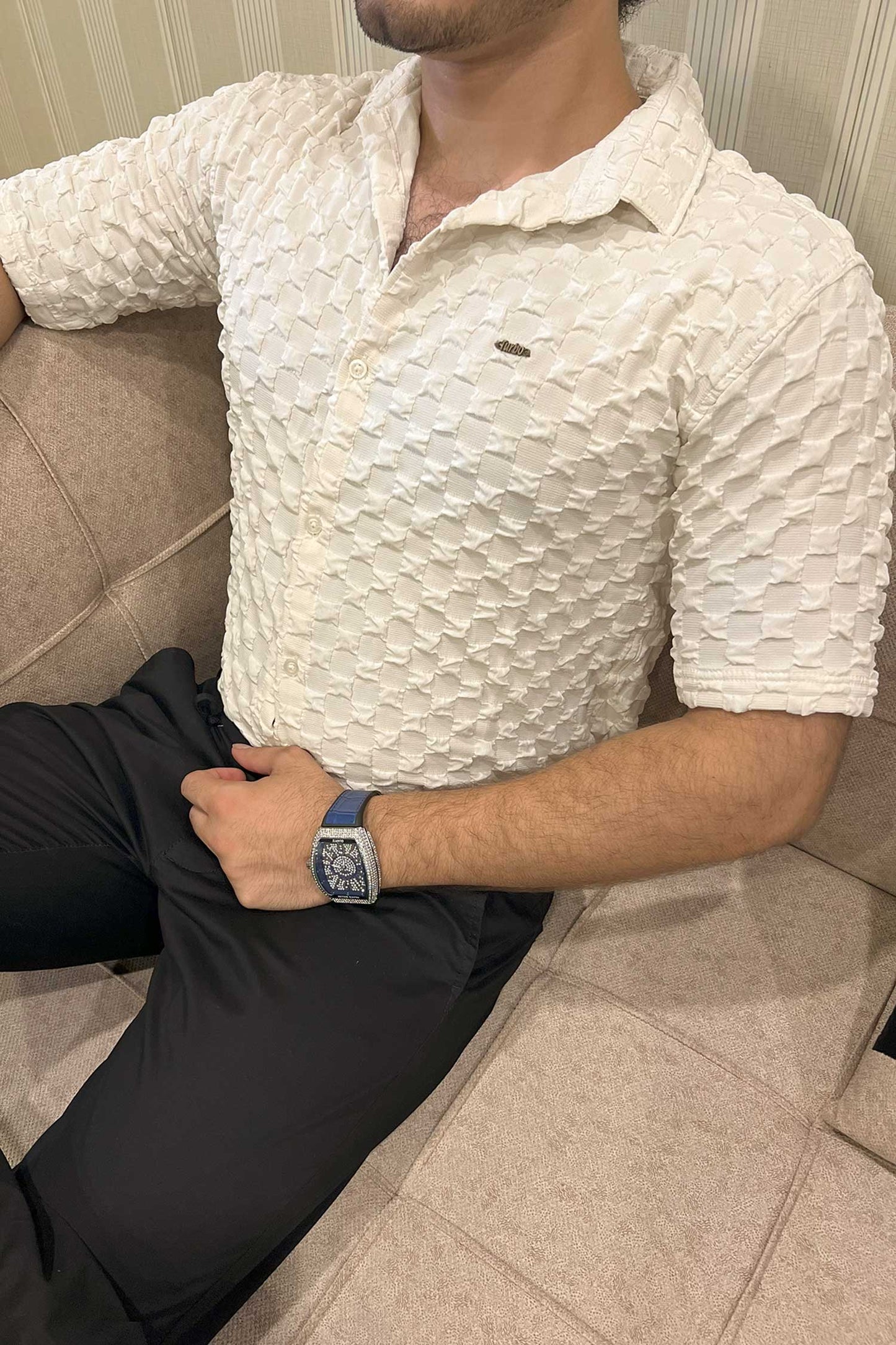 Turbo Puff Structured Pattern Casual Shirt In Creem