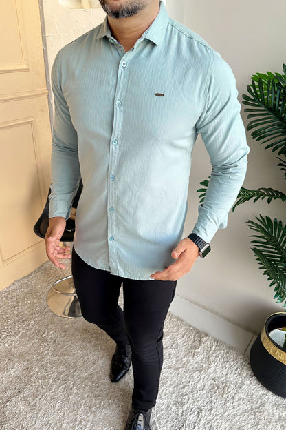 Turbo Organic MonoChromatic Long Sleeve Cotton Casual Shirt In Cyan