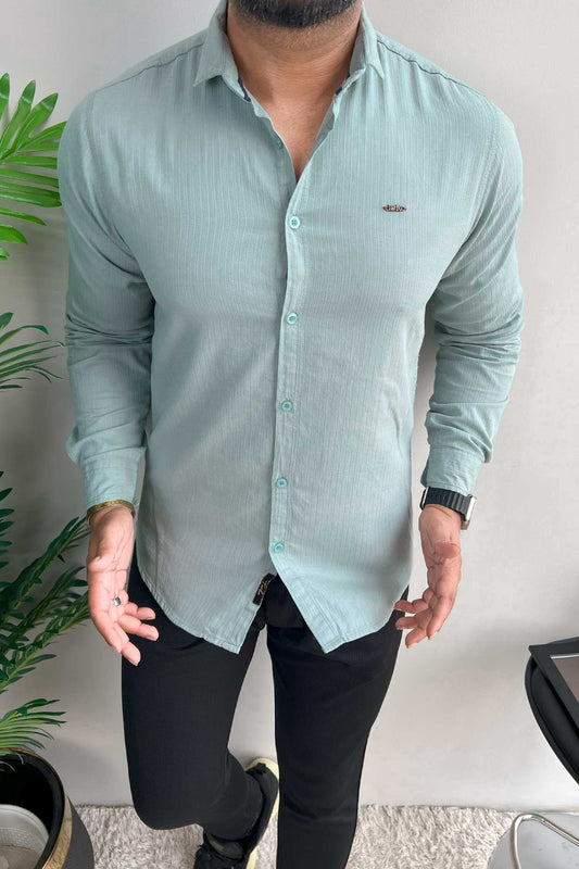 Turbo Organic MonoChromatic Long Sleeve Cotton Casual Shirt In Cyan