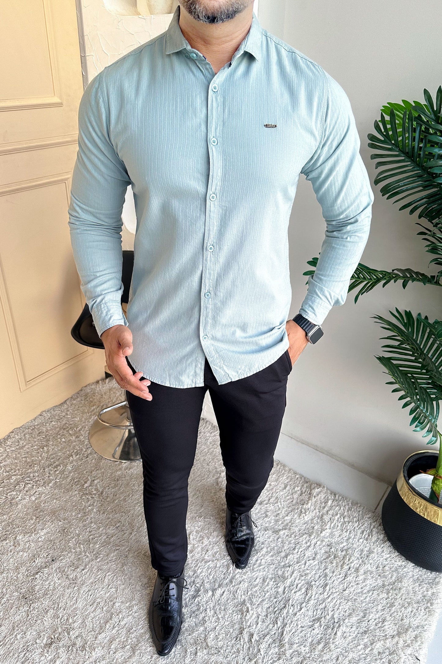 Turbo Organic MonoChromatic Long Sleeve Cotton Casual Shirt In Cyan