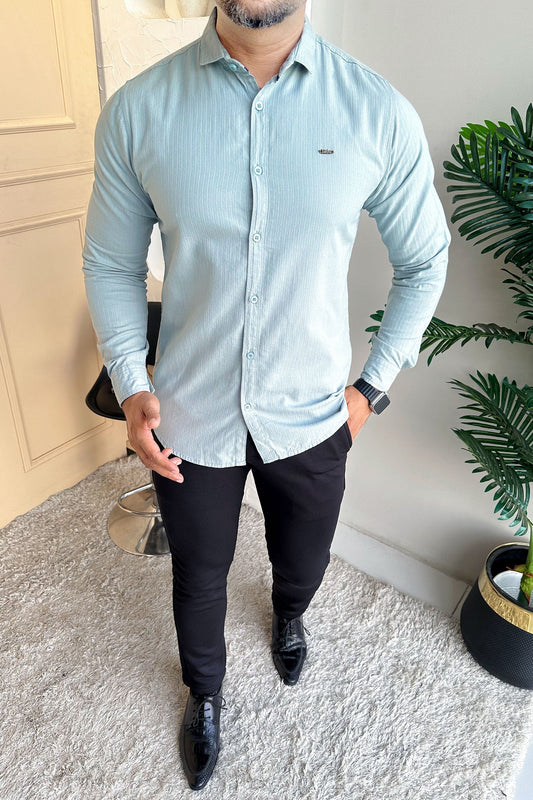 Turbo Organic MonoChromatic Long Sleeve Cotton Casual Shirt In Cyan