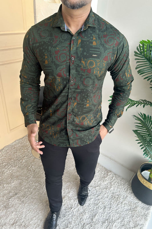 Turbo Retro Flower Motif Long Sleeve Cotton Casual Shirt In Dark Green