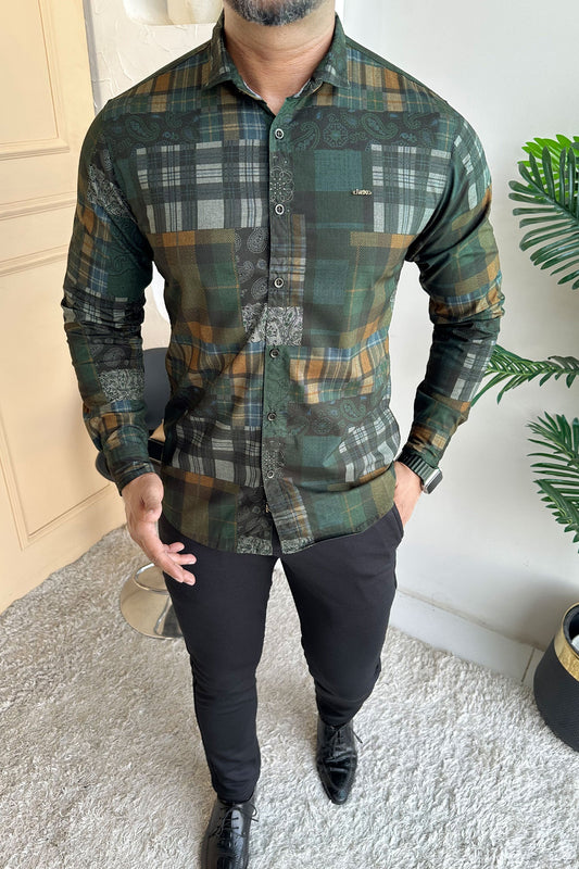 Turbo Checkered Crown Long Sleeve Cotton Casual Shirt In Dark Green