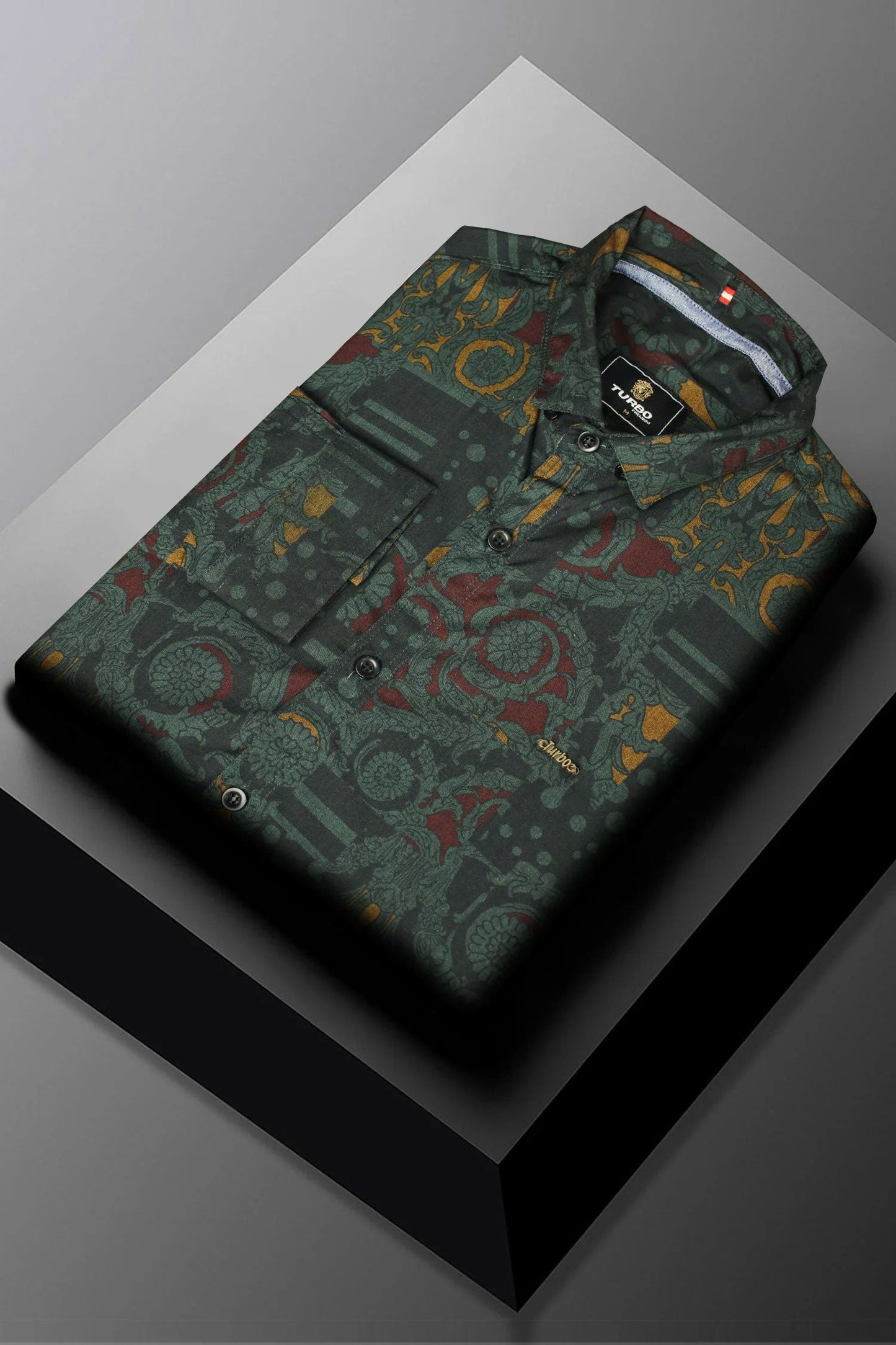 Turbo Retro Flower Motif Long Sleeve Cotton Casual Shirt In Dark Green