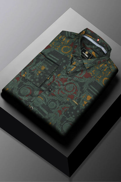 Turbo Retro Flower Motif Long Sleeve Cotton Casual Shirt In Dark Green