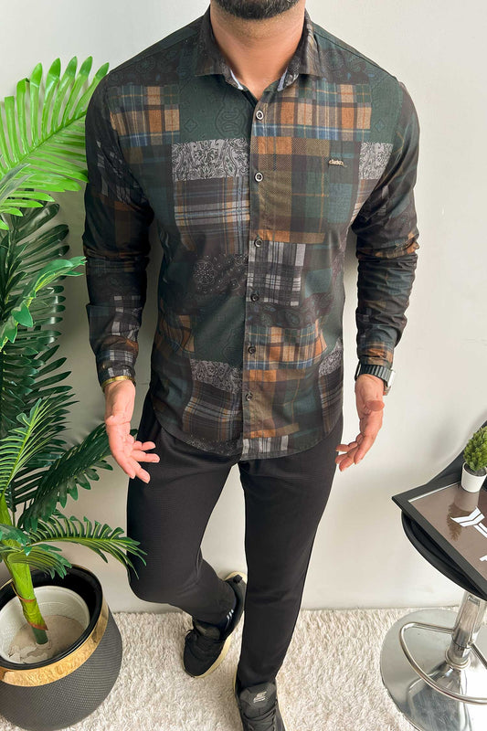 Turbo Checkered Crown Long Sleeve Cotton Casual Shirt