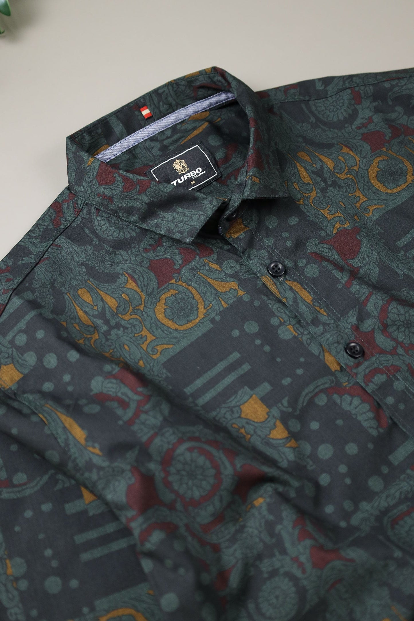 Turbo Retro Flower Motif Long Sleeve Cotton Casual Shirt In Dark Green