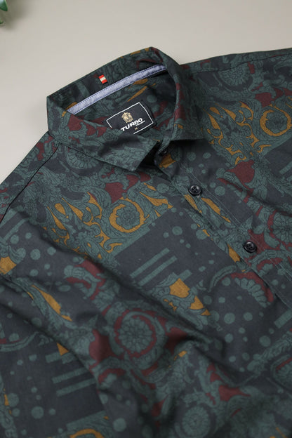 Turbo Retro Flower Motif Long Sleeve Cotton Casual Shirt In Dark Green