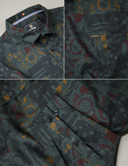 Turbo Retro Flower Motif Long Sleeve Cotton Casual Shirt In Dark Green