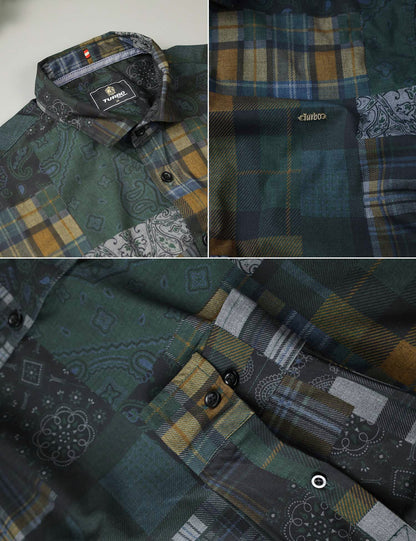 Turbo Checkered Crown Long Sleeve Cotton Casual Shirt In Dark Green