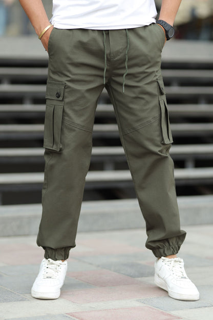 Turbo 6 Pockets Premium Cotton Gabardine Cargo Trouser In Dark Green
