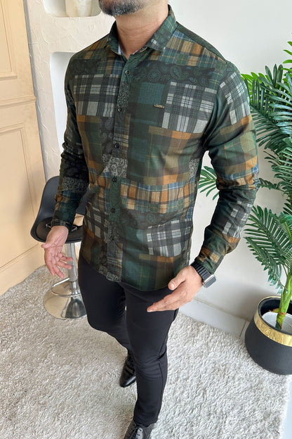 Turbo Checkered Crown Long Sleeve Cotton Casual Shirt In Dark Green