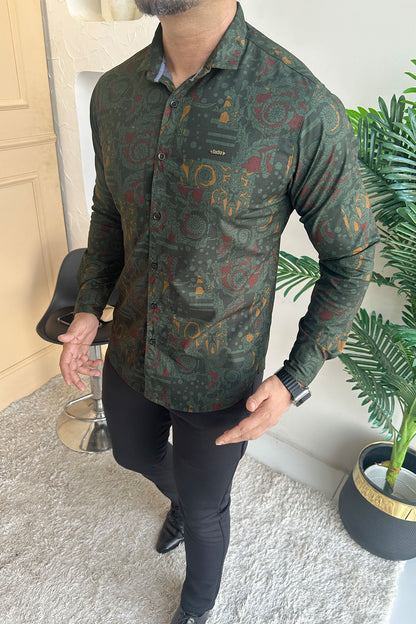 Turbo Retro Flower Motif Long Sleeve Cotton Casual Shirt In Dark Green