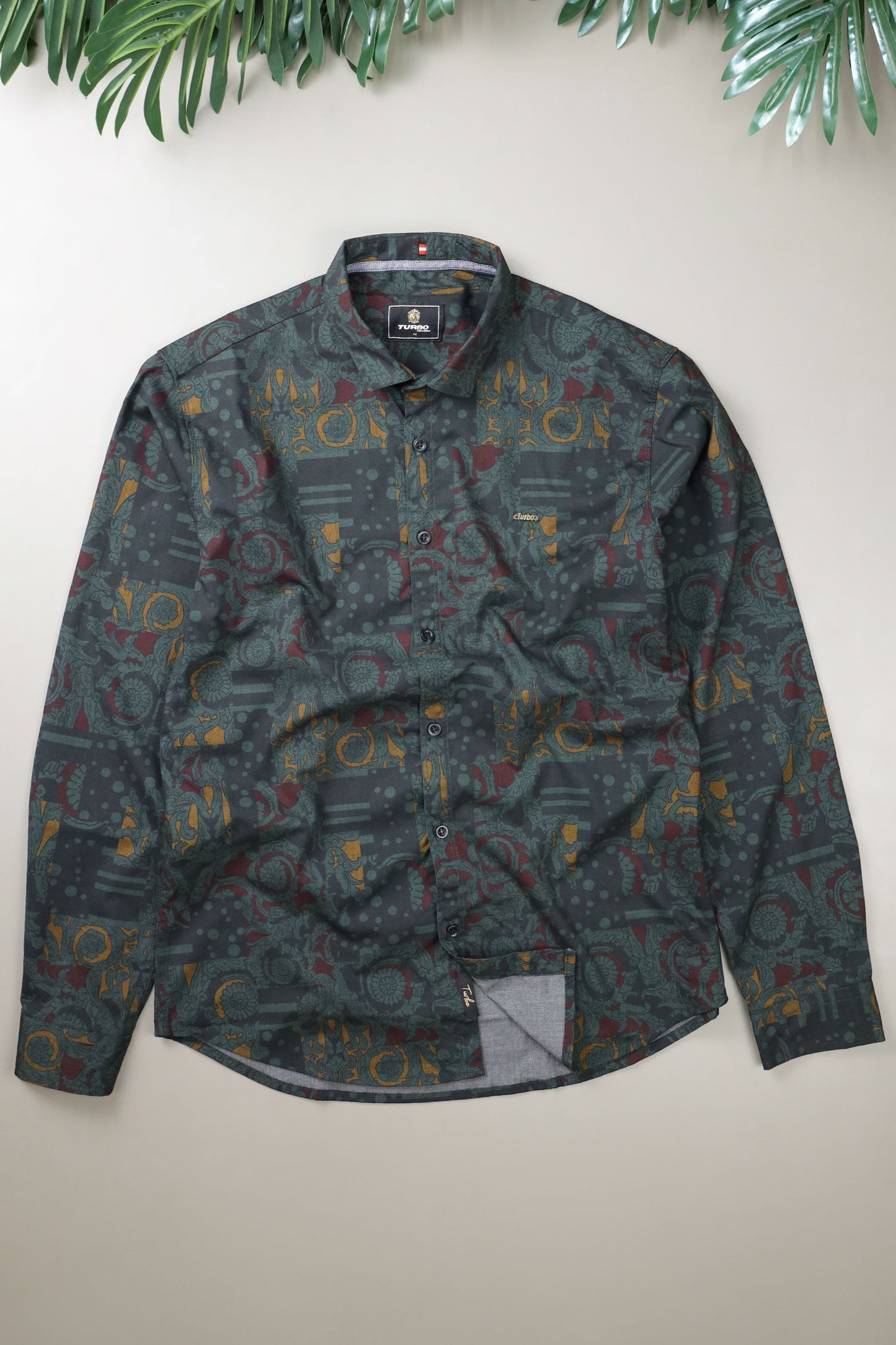 Turbo Retro Flower Motif Long Sleeve Cotton Casual Shirt In Dark Green