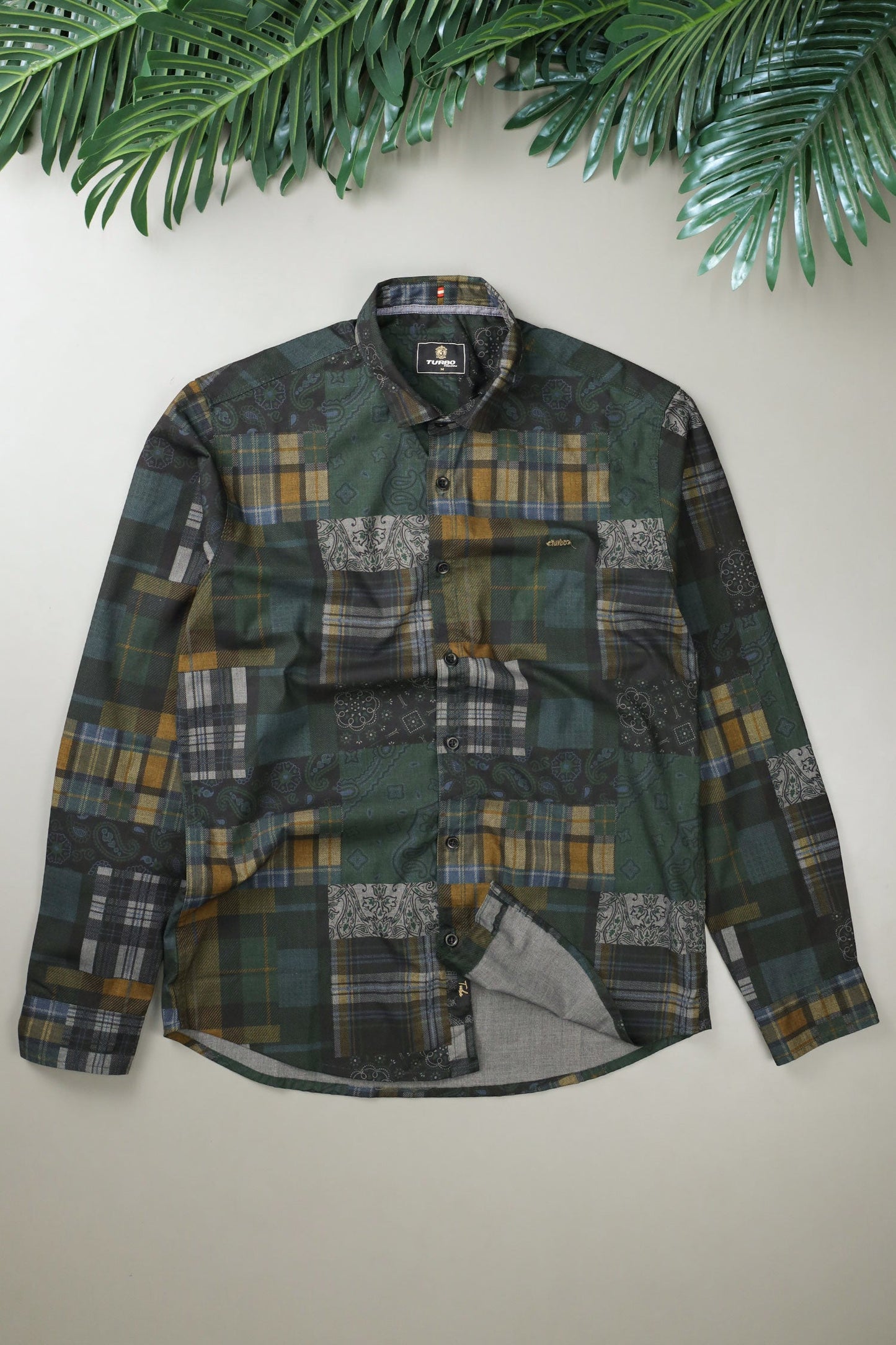 Turbo Checkered Crown Long Sleeve Cotton Casual Shirt In Dark Green