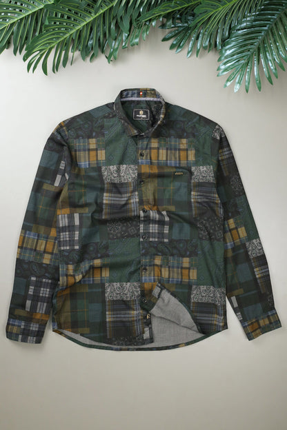 Turbo Checkered Crown Long Sleeve Cotton Casual Shirt In Dark Green