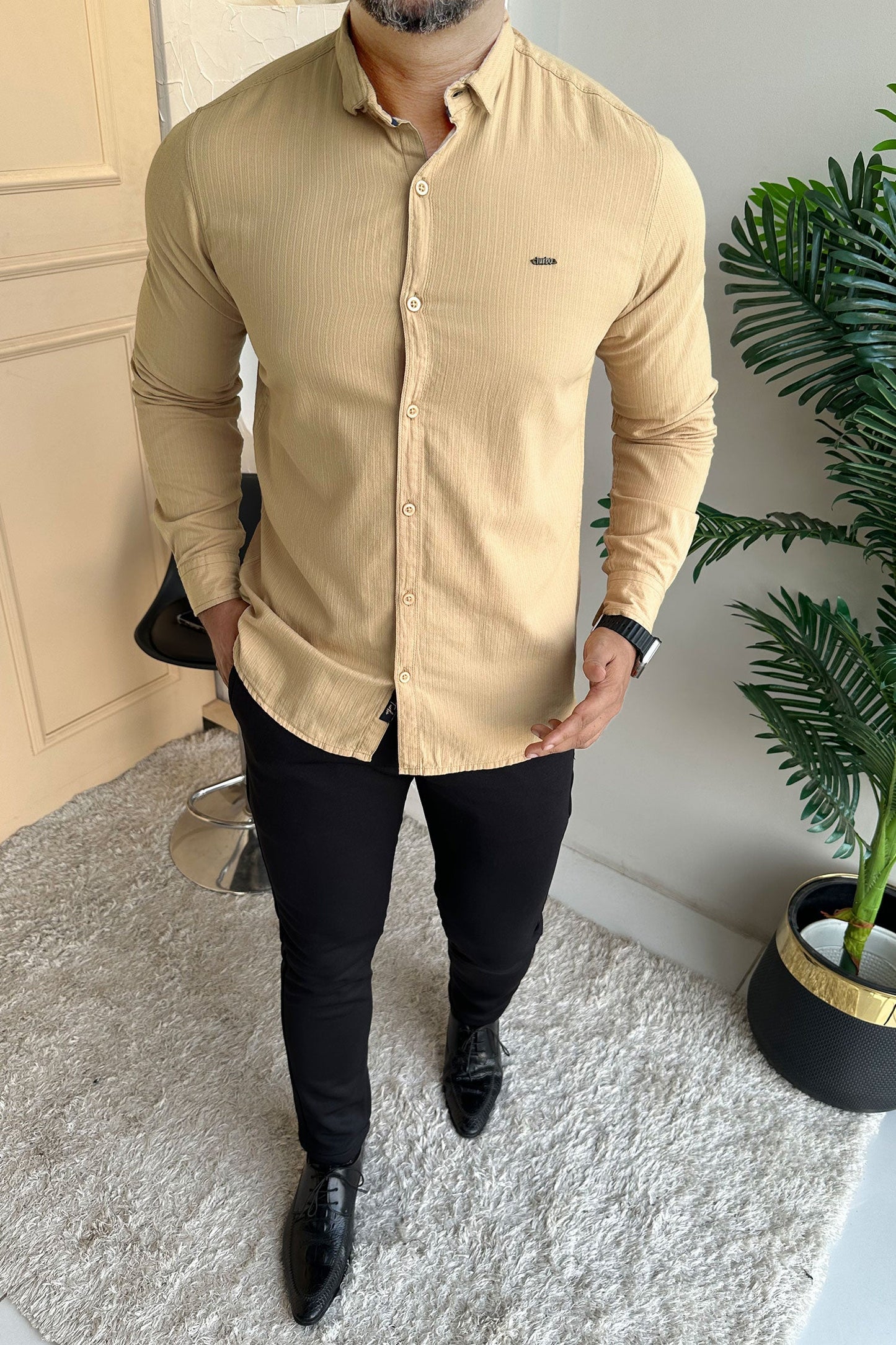 Turbo Organic MonoChromatic Long Sleeve Cotton Casual Shirt in Dark Skin