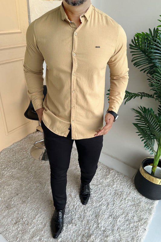 Turbo Organic MonoChromatic Long Sleeve Cotton Casual Shirt in Dark Skin