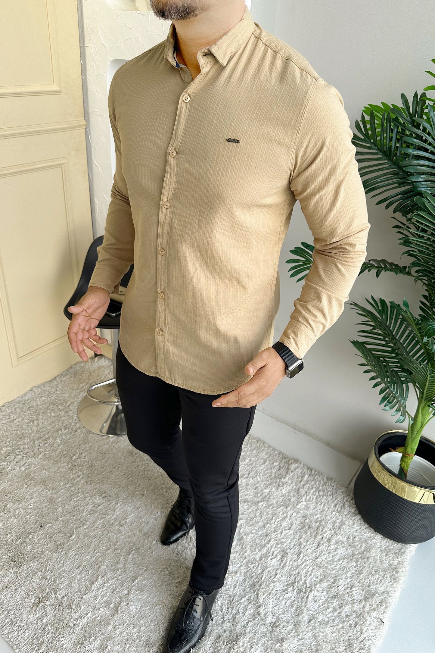 Turbo Organic MonoChromatic Long Sleeve Cotton Casual Shirt in Dark Skin