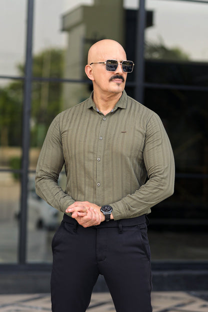Turbo Self Stripe Motif Long Sleeve Cotton Casual Shirt
