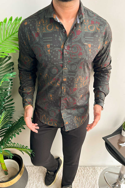 Turbo Retro Flower Motif Long Sleeve Cotton Casual Shirt In Dark Green
