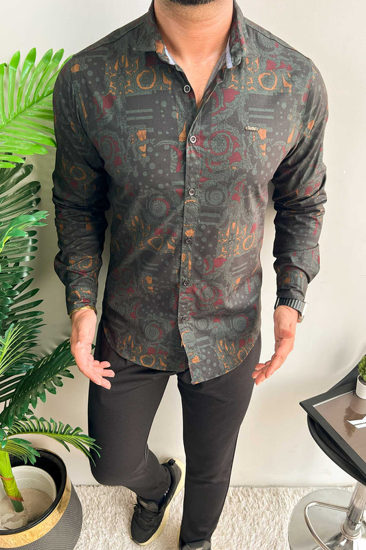 Turbo Retro Flower Motif Long Sleeve Cotton Casual Shirt In Dark Green