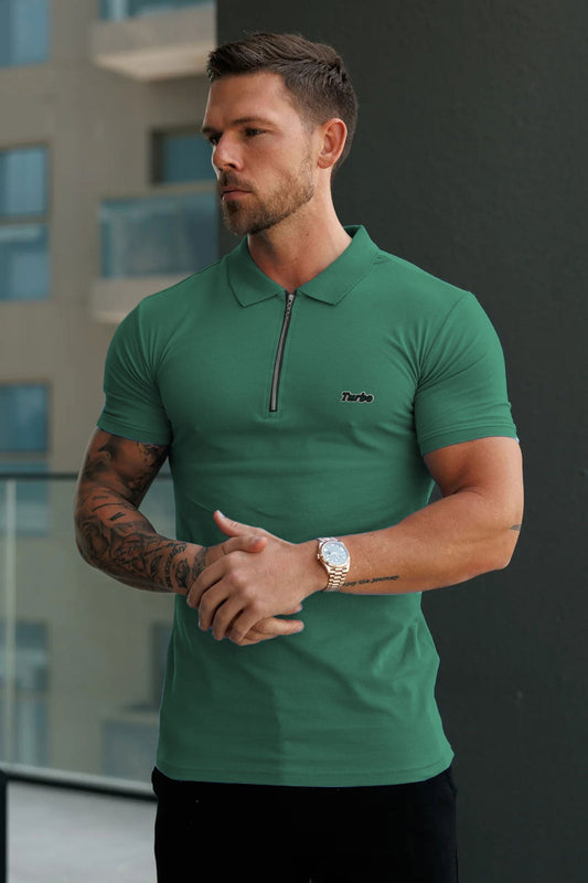 Turbo Signature Script Zip-Placket Men's Polo Shirt In Green