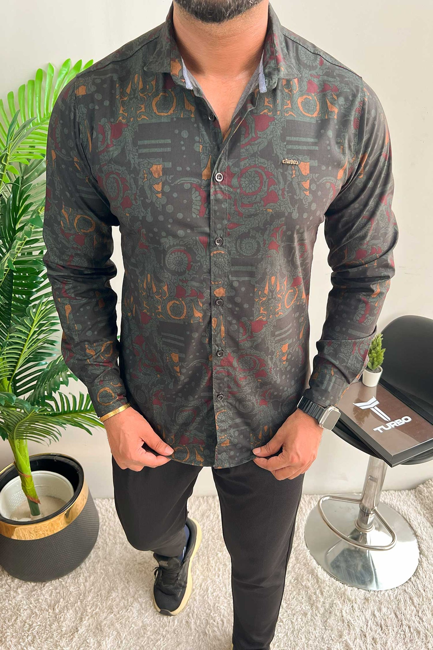 Turbo Retro Flower Motif Long Sleeve Cotton Casual Shirt In Dark Green