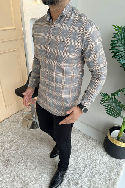 Turbo Plaid Pattern Creation Long Sleeve Cotton Casual Shirt In Grey