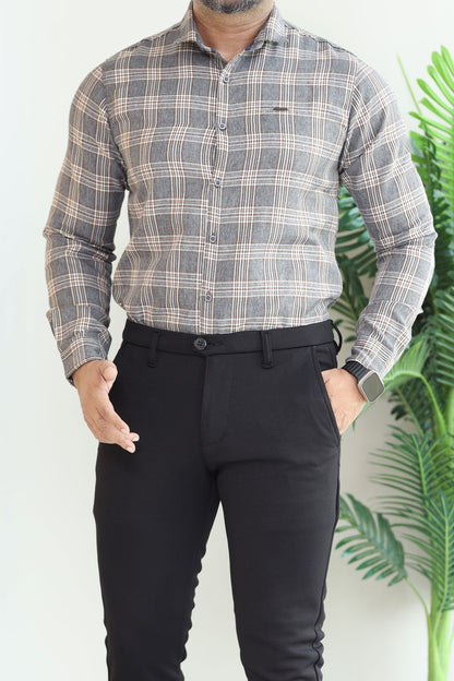Turbo Tattersall Checkered Long Sleeve Cotton Casual Shirt In Grey
