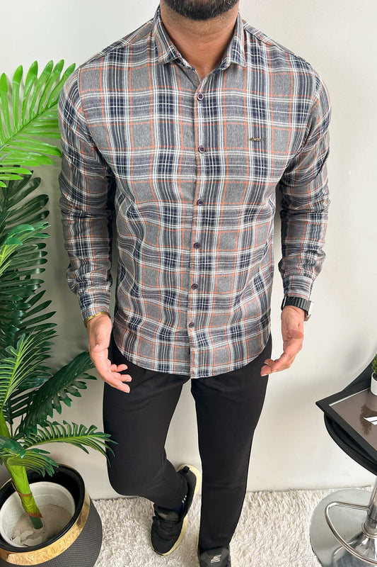 Turbo Cubix Checks Long Sleeve Cotton Casual Shirt In Grey
