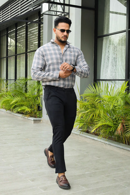 Turbo Tattersall Checkered Long Sleeve Cotton Casual Shirt In Grey