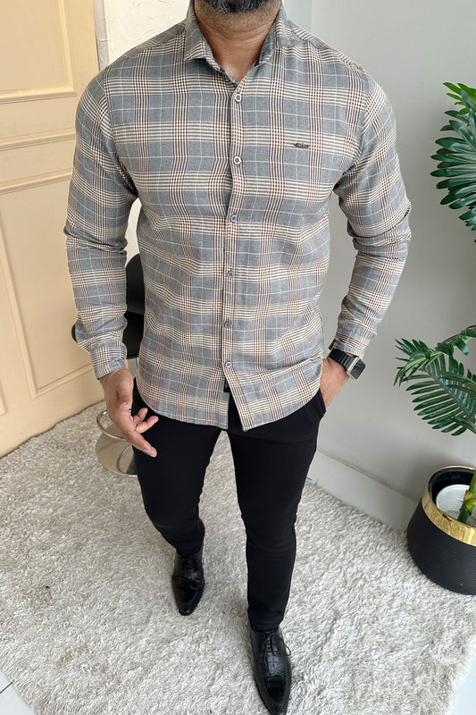 Turbo Plaid Pattern Creation Long Sleeve Cotton Casual Shirt In Grey