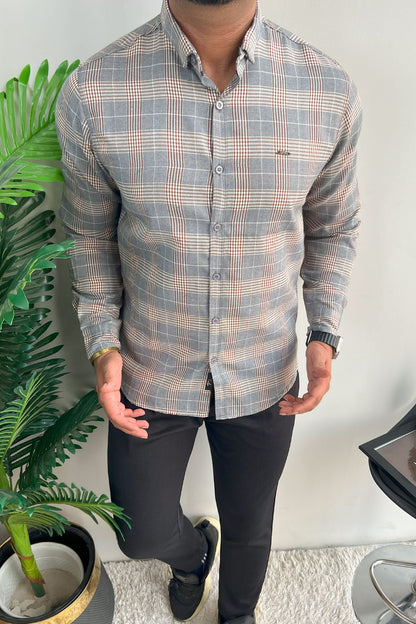 Turbo Plaid Pattern Creation Long Sleeve Cotton Casual Shirt In Grey