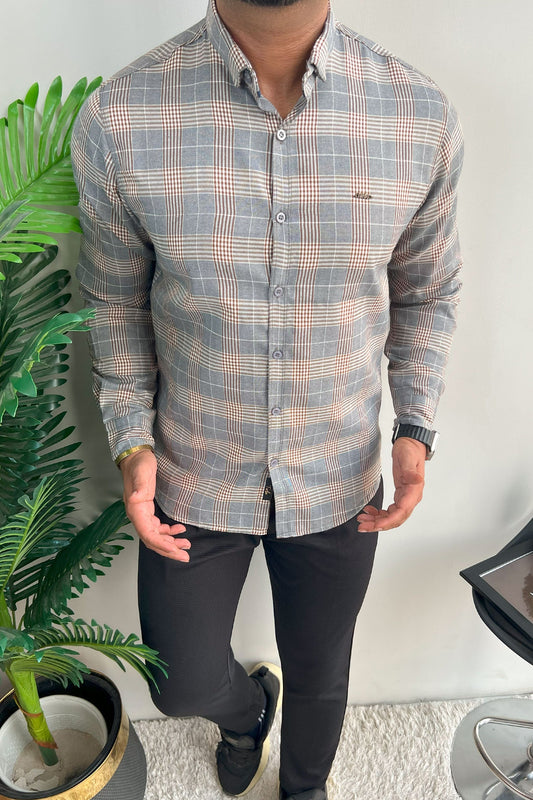 Turbo Plaid Pattern Creation Long Sleeve Cotton Casual Shirt In Grey
