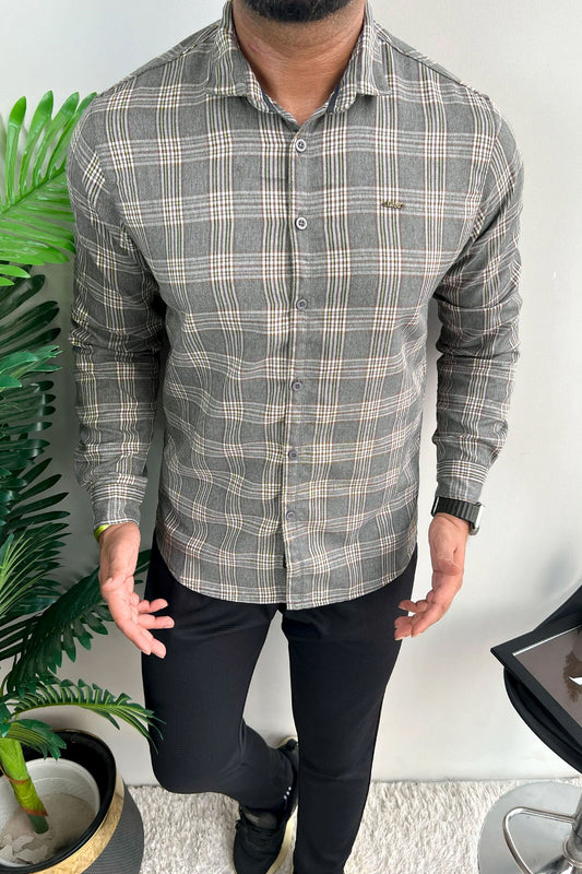 Turbo Tattersall Checkered Long Sleeve Cotton Casual Shirt In Grey