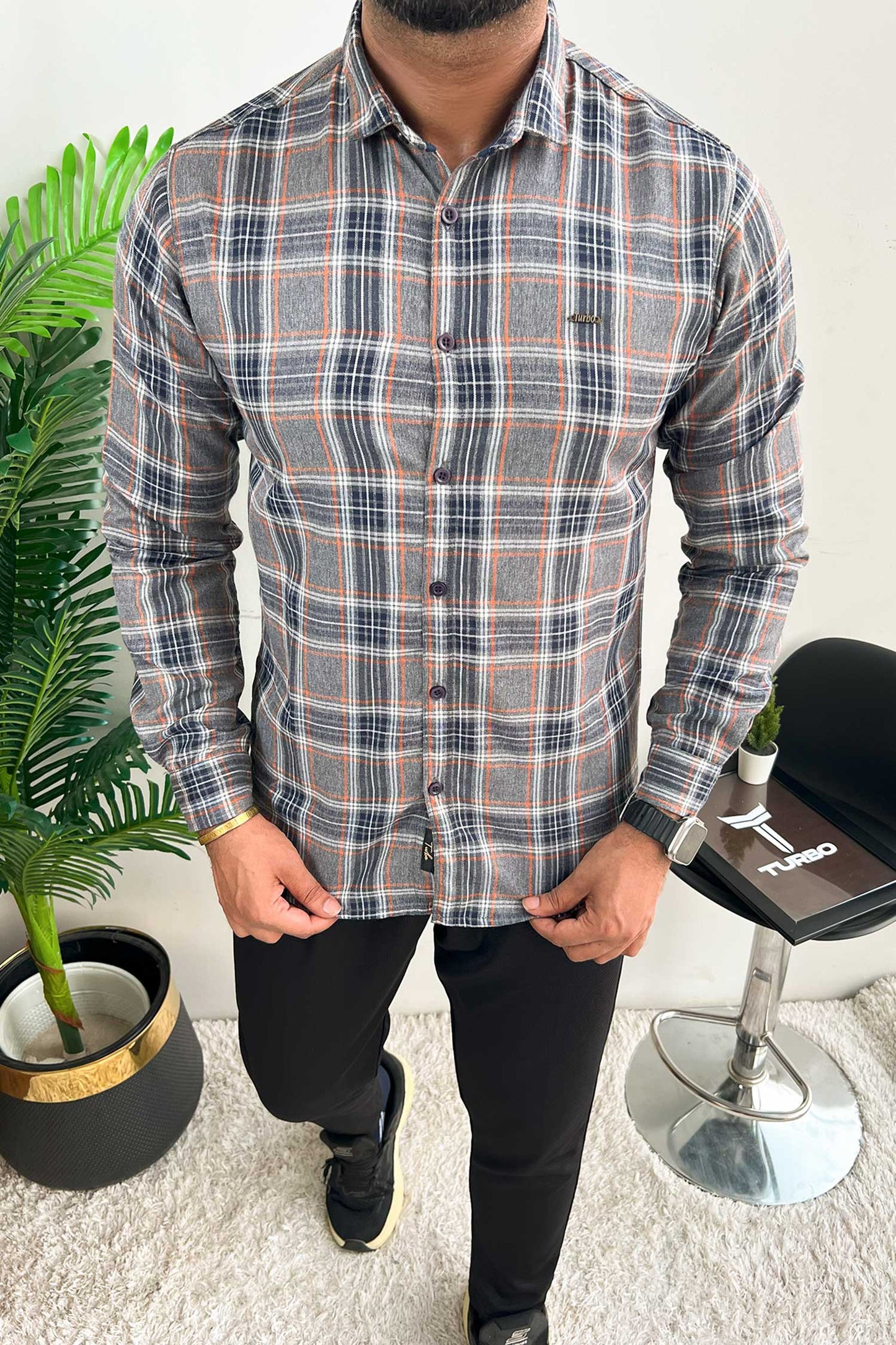 Turbo Cubix Checks Long Sleeve Cotton Casual Shirt In Grey