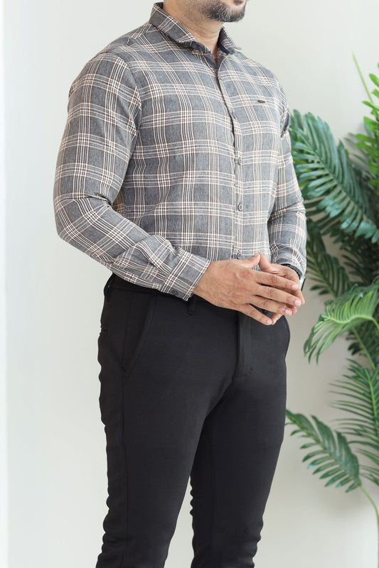 Turbo Tattersall Checkered Long Sleeve Cotton Casual Shirt In Grey
