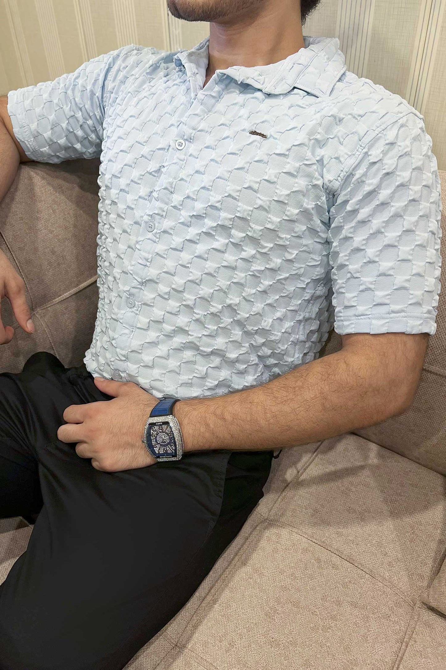 Turbo Puff Structured Pattern Casual Shirt In Ice Blue