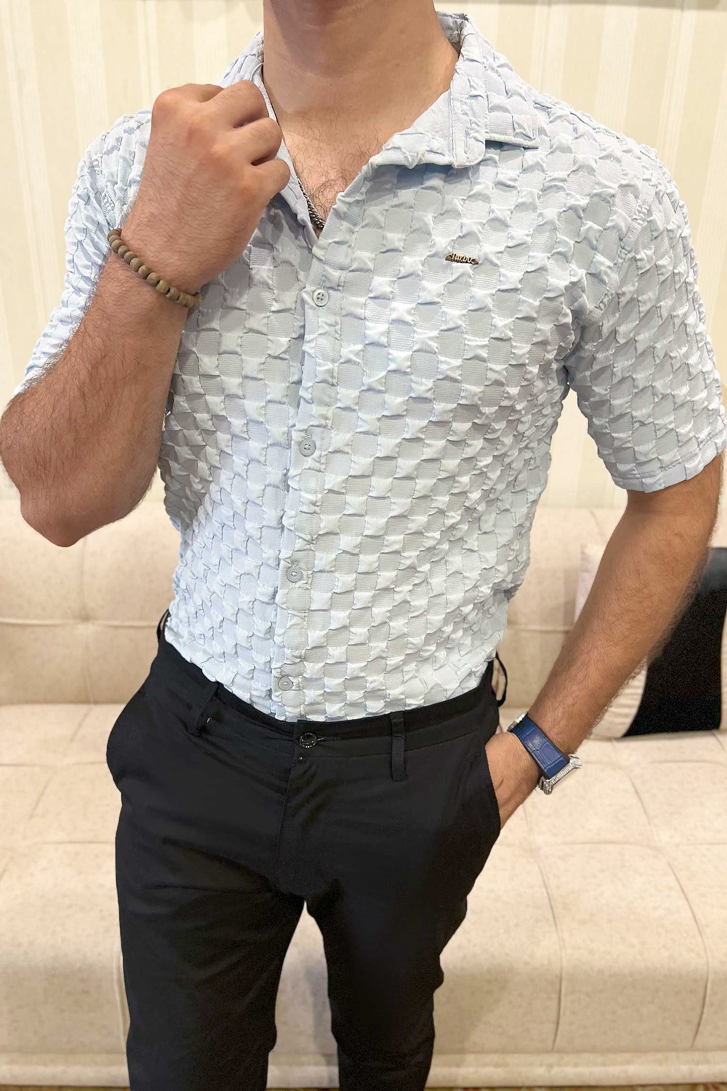 Turbo Puff Structured Pattern Casual Shirt In Ice Blue