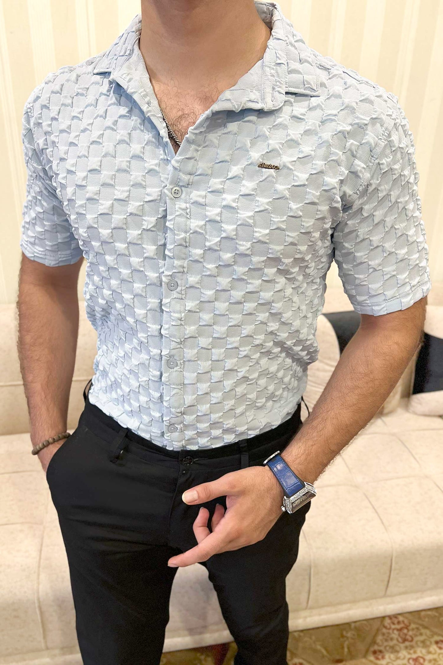 Turbo Puff Structured Pattern Casual Shirt In Ice Blue