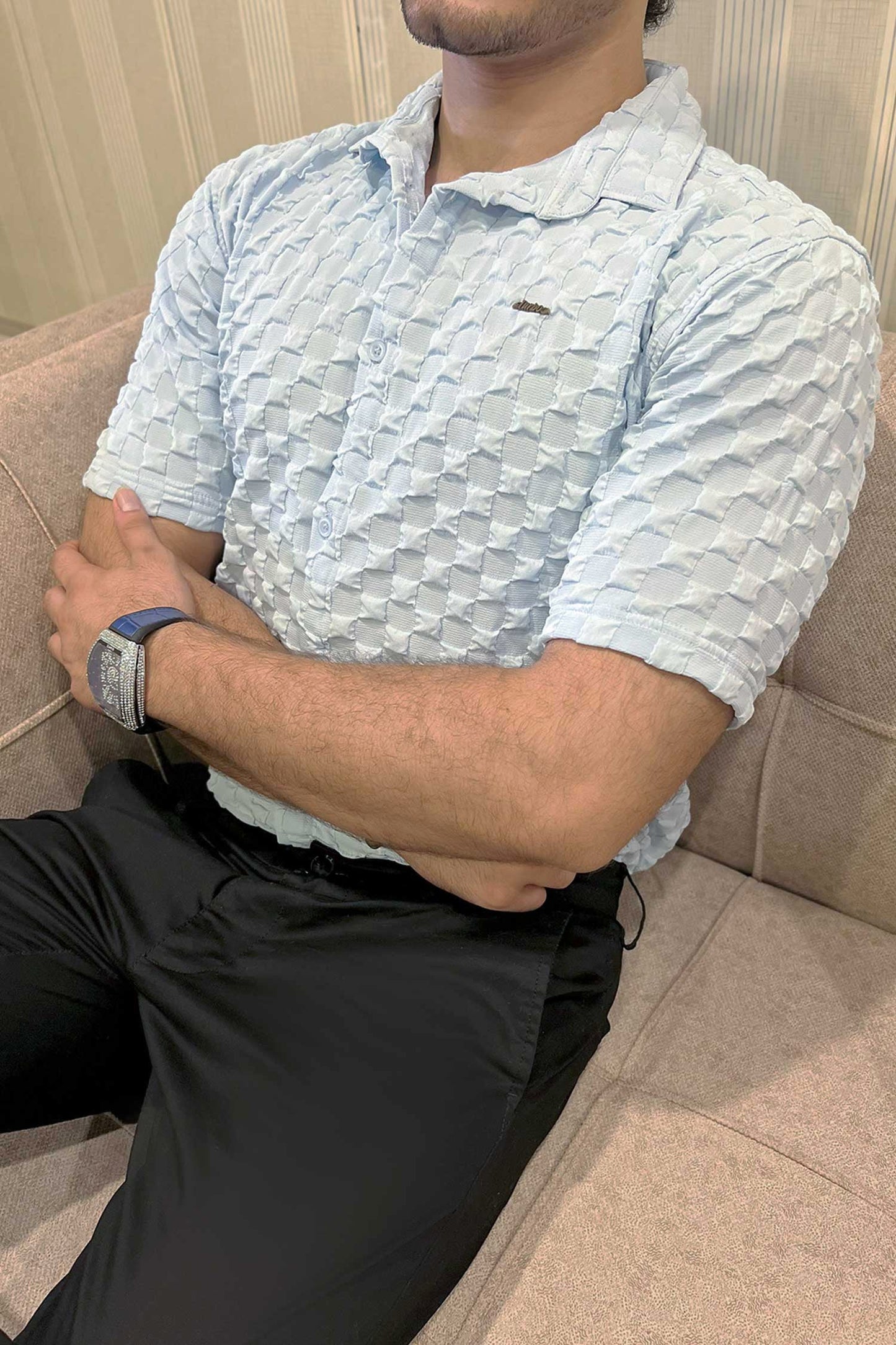 Turbo Puff Structured Pattern Casual Shirt In Ice Blue